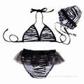 Babies'/Girls' Bikini/Swimsuit, Bathing Cap + Bikini Top + Lace Shorts, Black Zebra-Stripe Style